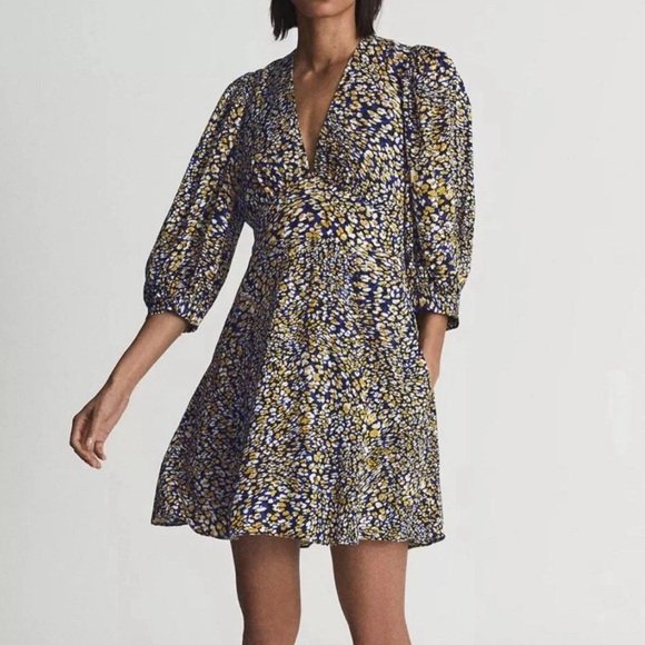 Reiss Daisy Print Deep V Balloon Puff Sleeve Mini Dress 10 Wedding Cocktail - Picture 1 of 12